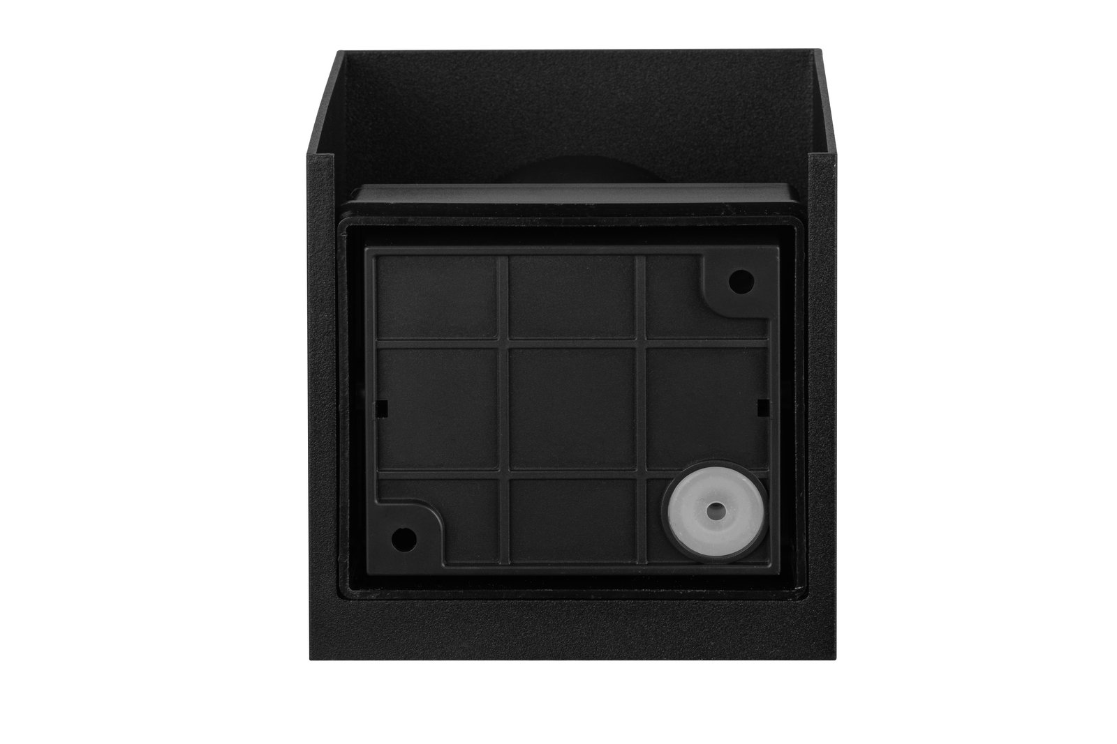 Frontansicht einer schwarzen LED-Wandleuchte mit quadratischem Design.