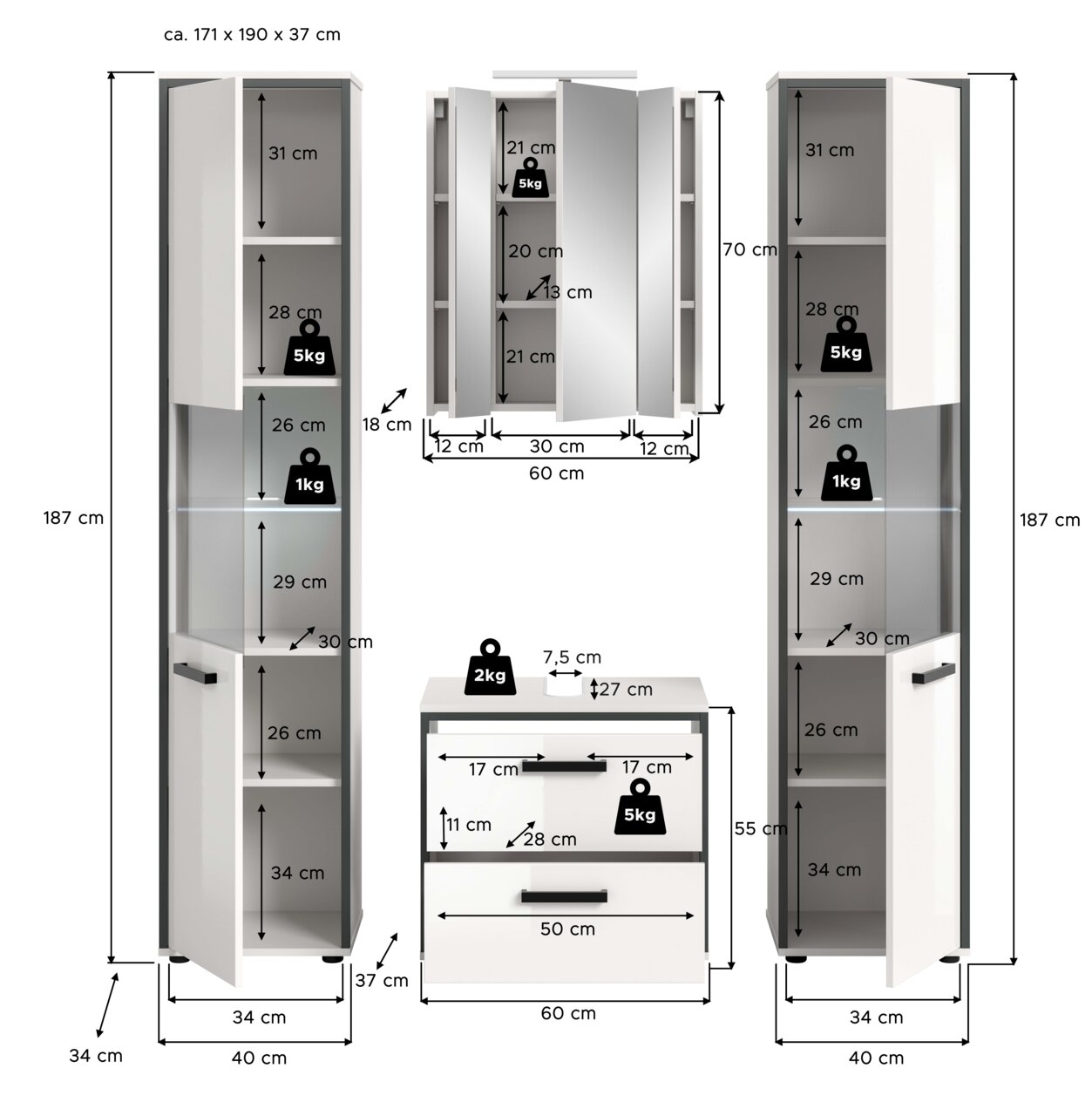 Maßgrafik eines weißen Badmöbel-Sets mit zwei hohen Hochschränken und einem Unterschrank, Türen teils geöffnet, mit eingezeichneten Maßen (u. a. Hochschrank ca. 187×40×34 cm, Unterschrank ca. 55×60×37 cm) und Belastungsangaben; Perspektive: frontale Ansic