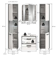 Maßgrafik eines weißen Badmöbel-Sets mit zwei hohen Hochschränken und einem Unterschrank, Türen teils geöffnet, mit eingezeichneten Maßen (u. a. Hochschrank ca. 187×40×34 cm, Unterschrank ca. 55×60×37 cm) und Belastungsangaben; Perspektive: frontale Ansic