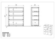 Technische Zeichnung einer Schubkastenkommode mit vier Schubladen, Vorder- und Seitenansicht. Maße: Breite 83 cm, Höhe 102 cm, Tiefe 42 cm.