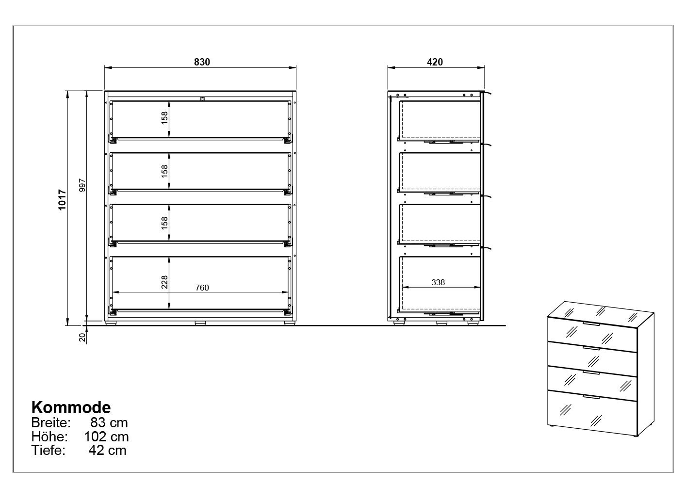 Technische Zeichnung einer Schubkastenkommode mit vier Schubladen, Vorder- und Seitenansicht. Maße: Breite 83 cm, Höhe 102 cm, Tiefe 42 cm.