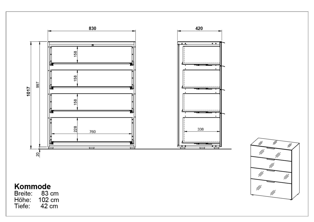 Technische Zeichnung einer Schubkastenkommode mit vier Schubladen, Vorder- und Seitenansicht. Maße: Breite 83 cm, Höhe 102 cm, Tiefe 42 cm.