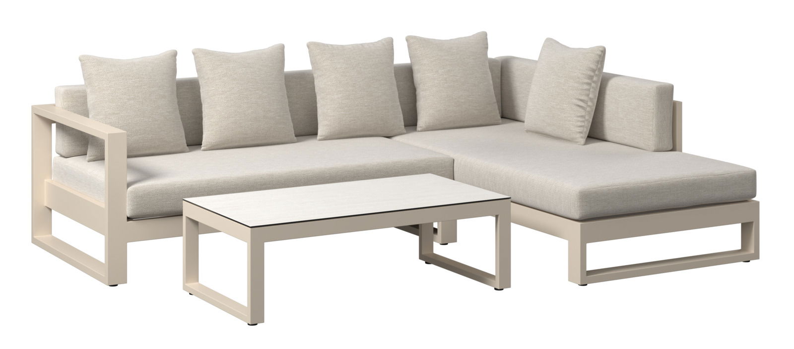 Modernes Lounge-Set mit beigem Ecksofa und passendem Couchtisch, Perspektive von vorne rechts