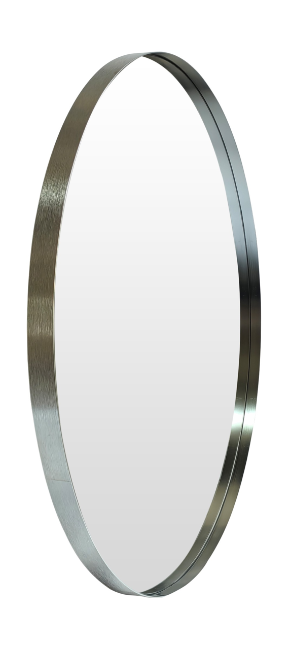 Runder Spiegel mit einem Durchmesser von ca. 80 cm, seitliche Perspektive, silberner Rahmen.