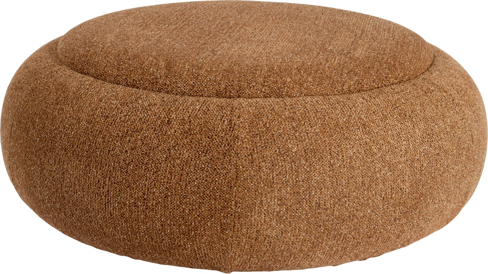 Light&Living Couchtisch RASHANA Runder, brauner Sitzpouf/Hocker mit strukturiertem Stoffbezug und leicht vertiefter Sitzfläche, freigestellt auf weißem Hintergrund, Ansicht schräg von vorne (leicht von oben).