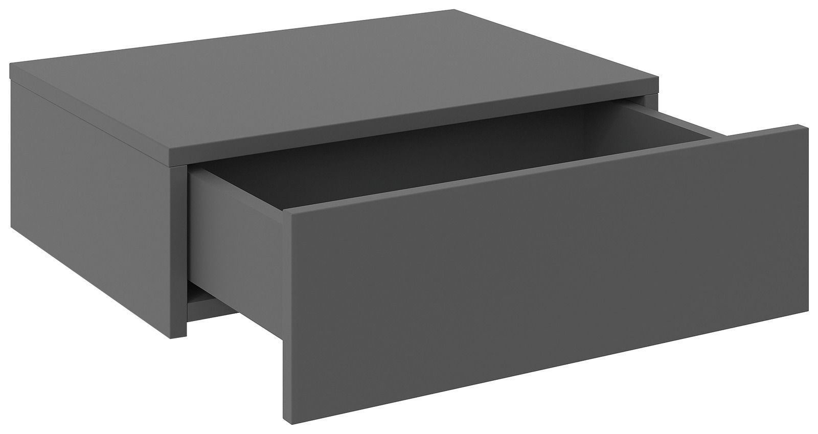 Graue Hängekonsole mit offener Schublade, seitliche Perspektive