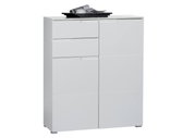 Weißes Highboard mit mehreren Schubladen und Türen, frontal fotografiert, mit Zeitschriften und einem Tablett auf der Oberseite.