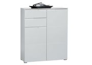 Weißes Highboard mit mehreren Schubladen und Türen, frontal fotografiert, mit Zeitschriften und einem Tablett auf der Oberseite.