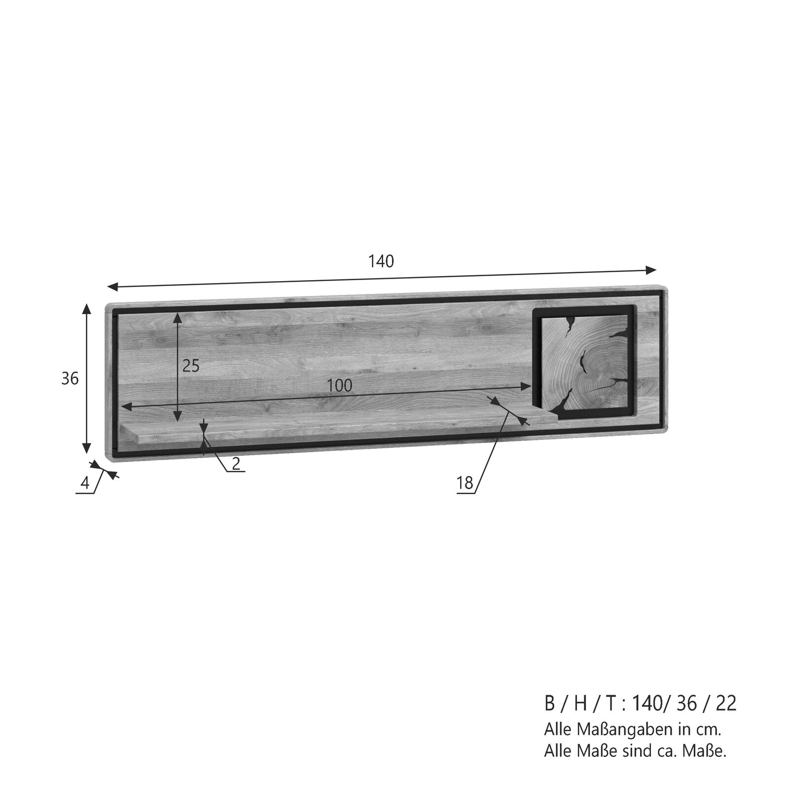 Wandregal im Industrial-Design aus Holz mit schwarzem Metallrahmen, Maßskizze in Frontansicht mit B/H/T ca. 140/36/22 cm und Innenfach rechts