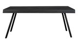 Moderner schwarzer Esstisch mit schrägen Metallbeinen, Frontalansicht