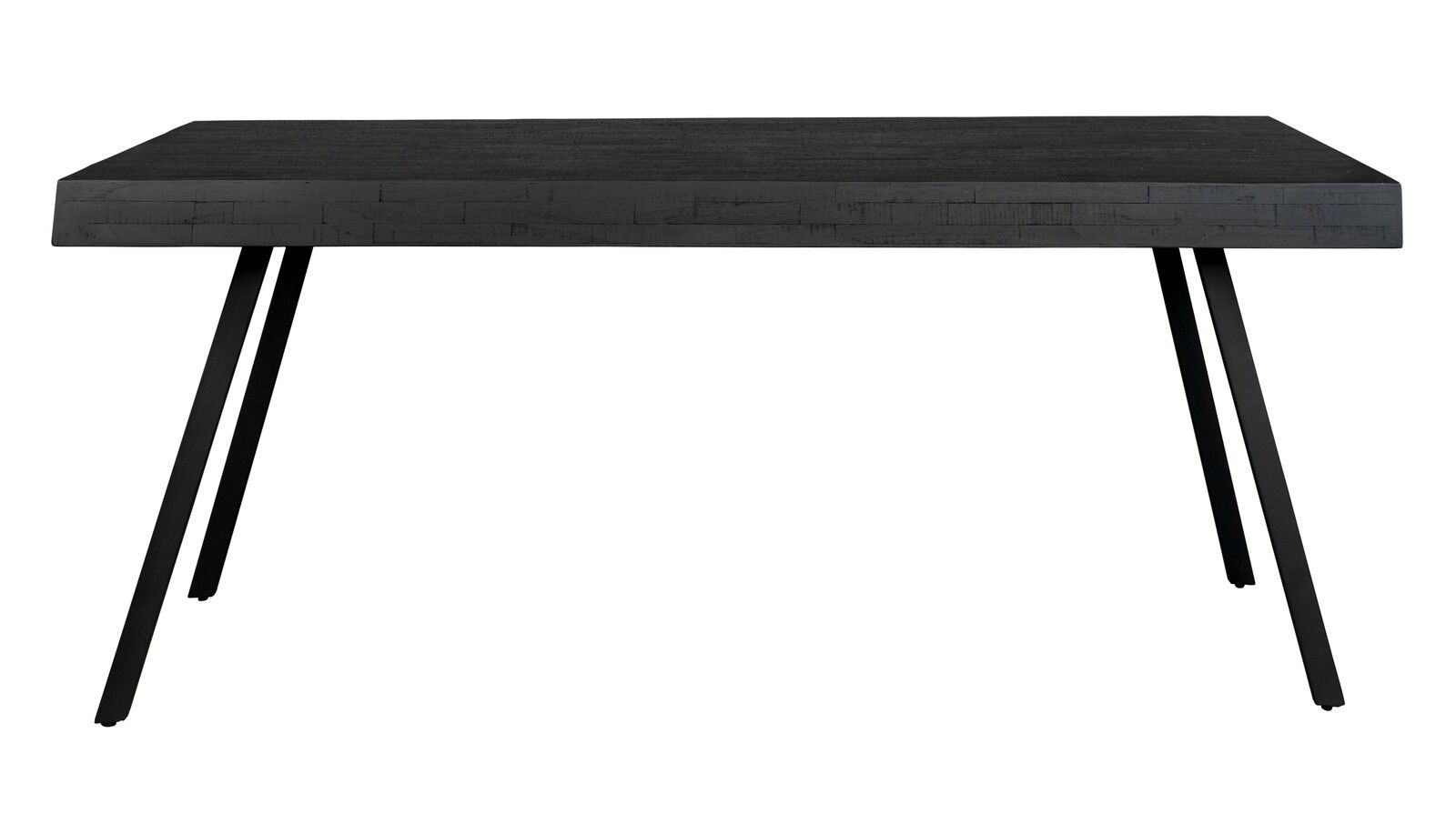 Moderner schwarzer Esstisch mit schrägen Metallbeinen, Frontalansicht