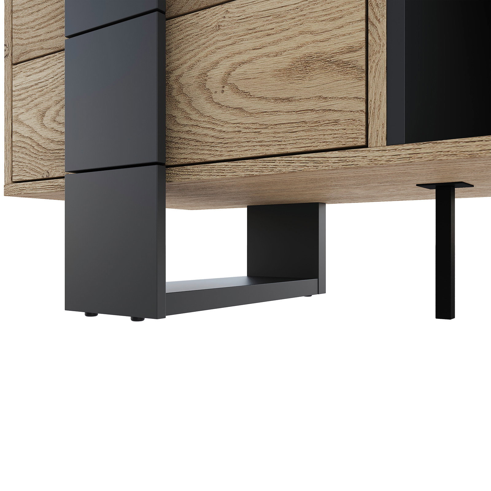 Nahaufnahme der Unterseite einer Kompaktgarderobe mit Holzoptik und schwarzen Metallbeinen, seitliche Perspektive