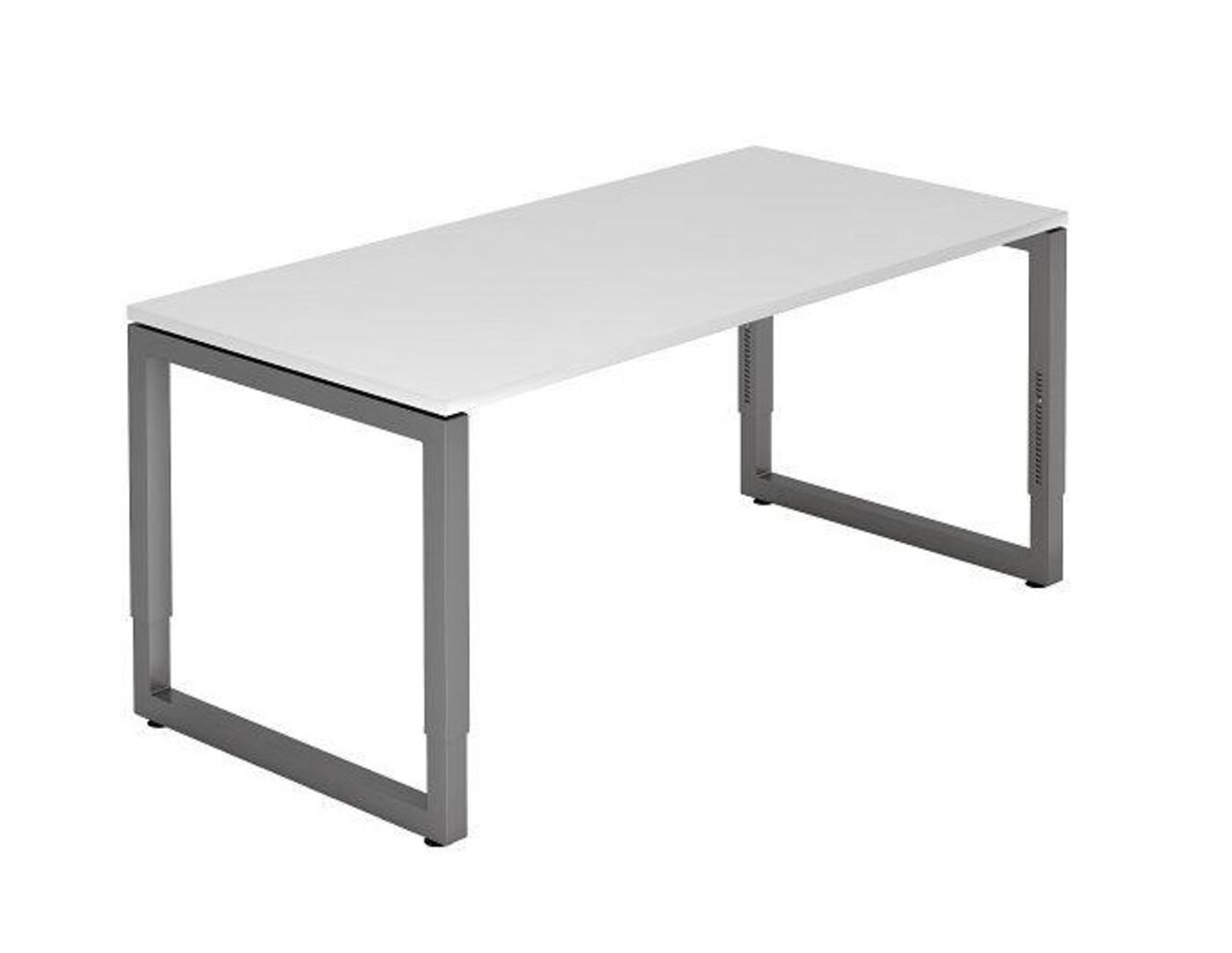 Moderner Schreibtisch mit weißer Tischplatte und grauem Metallgestell, seitliche Perspektive