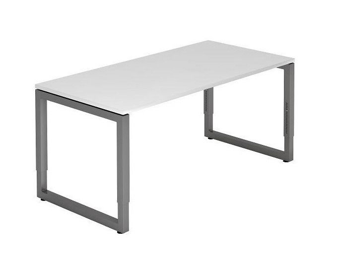 Moderner Schreibtisch mit weißer Tischplatte und grauem Metallgestell, seitliche Perspektive