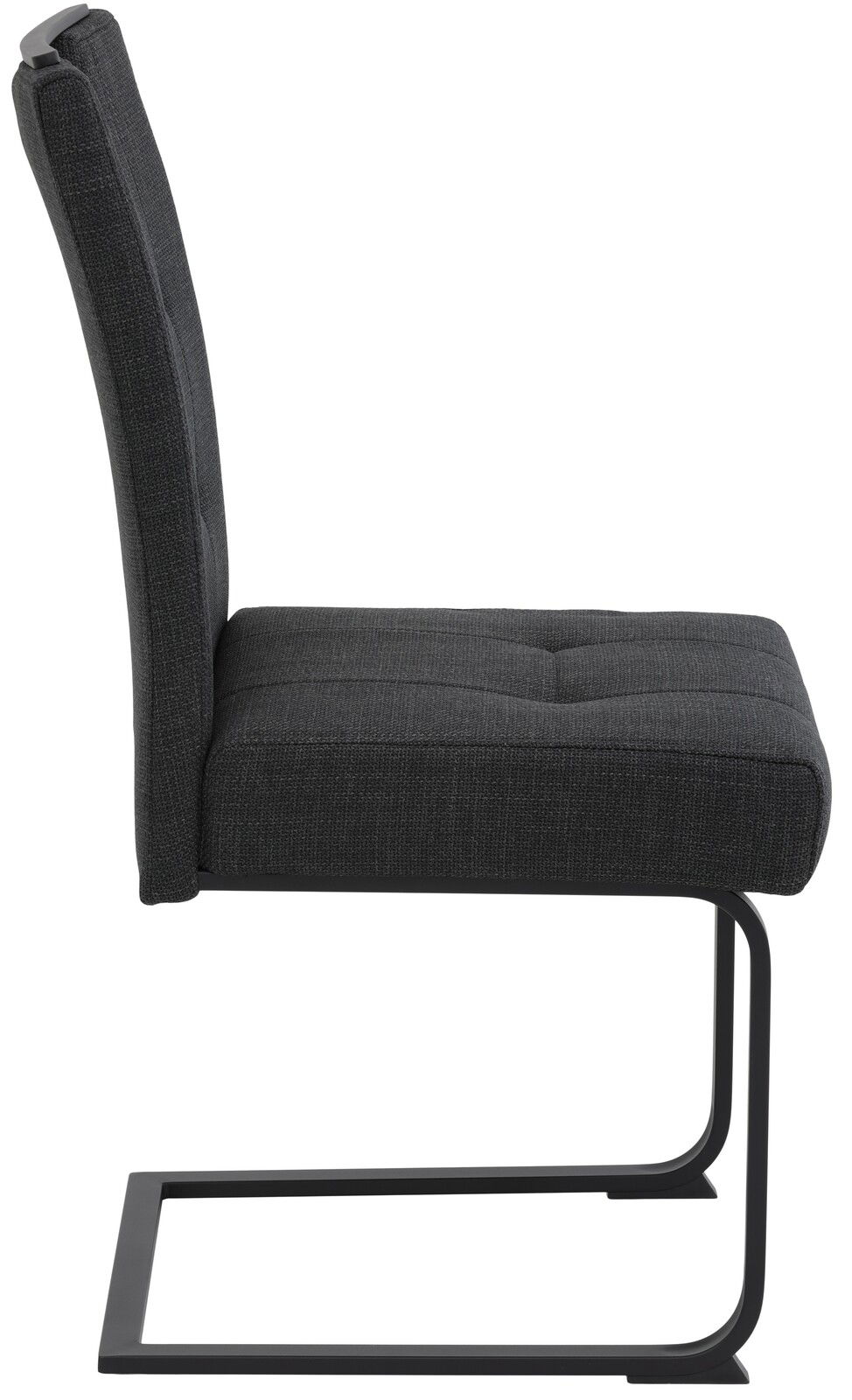 Seitenansicht eines modernen Schwingstuhls mit schwarzem Stoffbezug und Metallgestell.