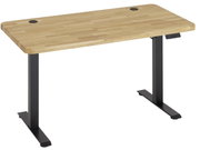Höhenverstellbarer E-Schreibtisch mit Holzplatte und schwarzem Metallgestell, seitliche Perspektive