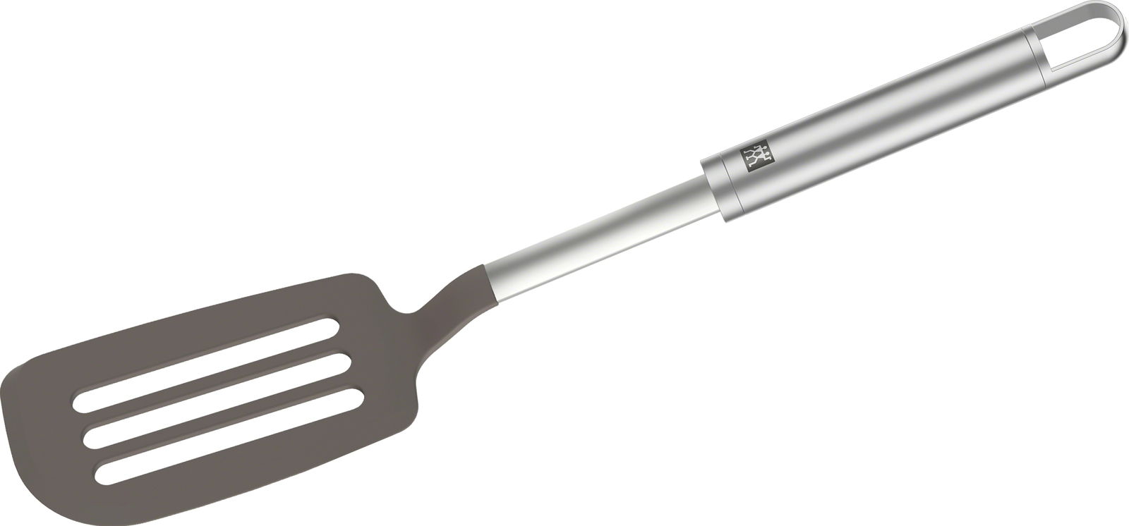 Pfannenwender aus Silikon mit Edelstahlgriff, seitliche Ansicht