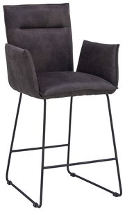 Barsessel mit gepolstertem Sitz und Rückenlehne in dunklem Stoff, seitliche Armlehnen und schwarzes Metallgestell, seitliche Perspektive