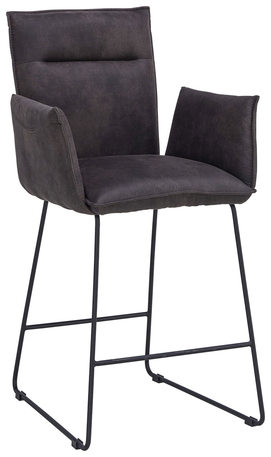 Barsessel mit gepolstertem Sitz und Rückenlehne in dunklem Stoff, seitliche Armlehnen und schwarzes Metallgestell, seitliche Perspektive