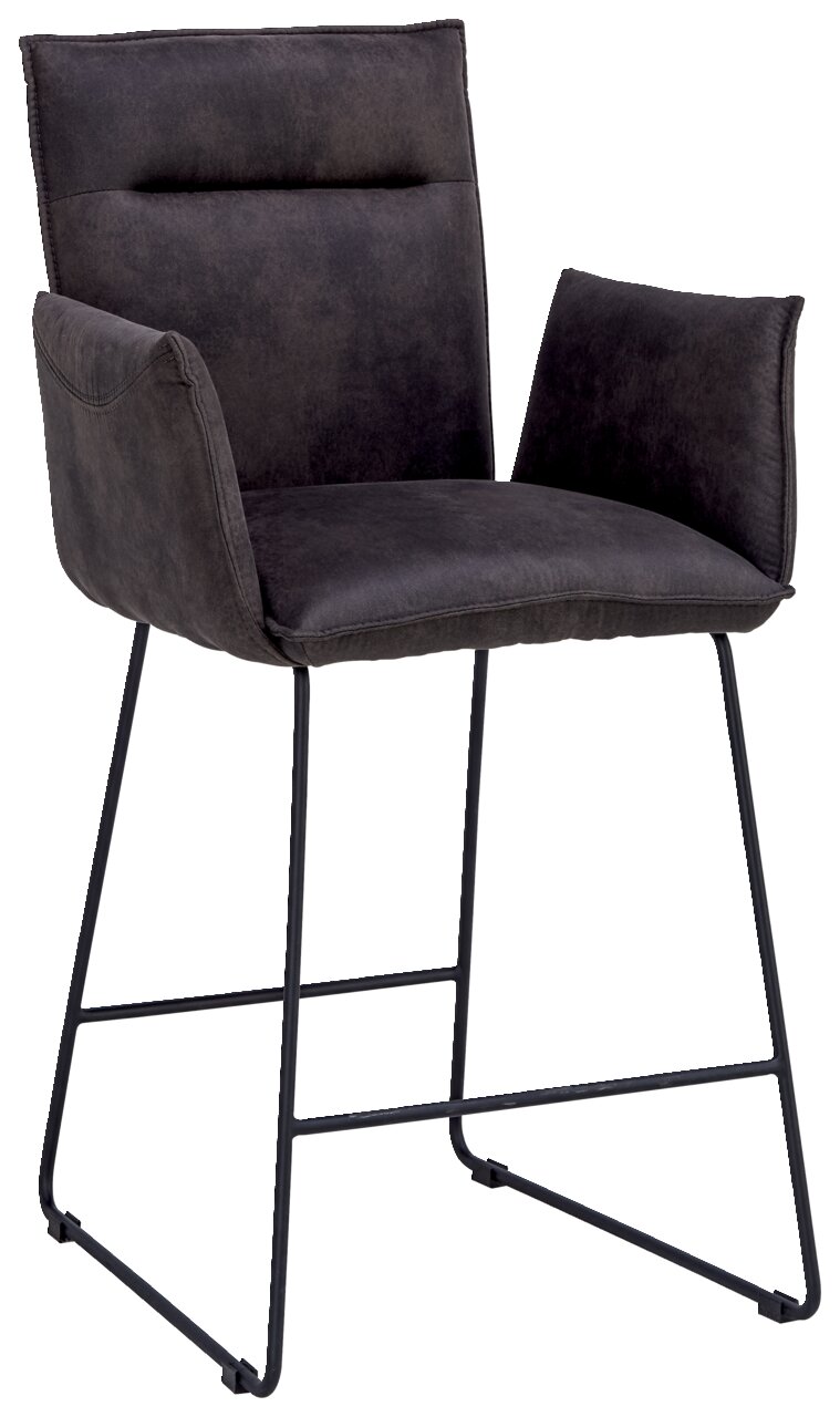 Barsessel mit gepolstertem Sitz und Rückenlehne in dunklem Stoff, seitliche Armlehnen und schwarzes Metallgestell, seitliche Perspektive