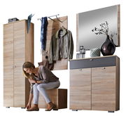 Garderoben-Set in Holzoptik mit Schrank, Spiegel, Hakenleiste und Sitzbank, seitliche Perspektive