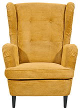 Gelber Sessel aus Cordstoff mit hoher Rückenlehne und Armlehnen, Vorderansicht