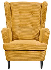 Gelber Sessel aus Cordstoff mit hoher Rückenlehne und Armlehnen, Vorderansicht