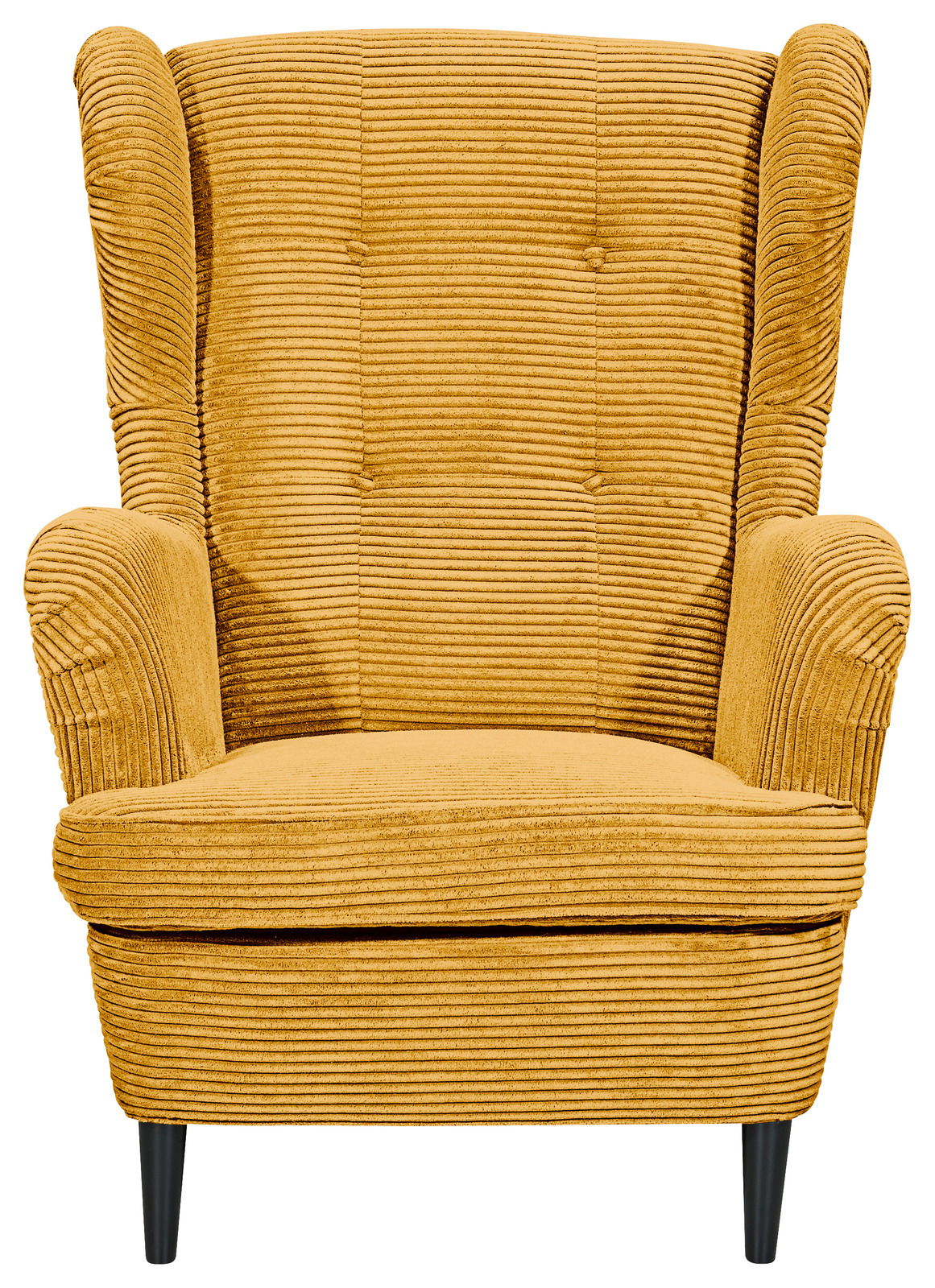 Gelber Sessel aus Cordstoff mit hoher Rückenlehne und Armlehnen, Vorderansicht
