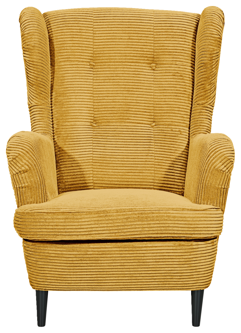 Gelber Sessel aus Cordstoff mit hoher Rückenlehne und Armlehnen, Vorderansicht