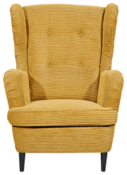 Gelber Sessel aus Cordstoff mit hoher Rückenlehne und Armlehnen, Vorderansicht