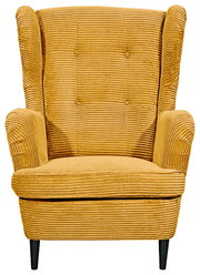 Gelber Sessel aus Cordstoff mit hoher Rückenlehne und Armlehnen, Vorderansicht