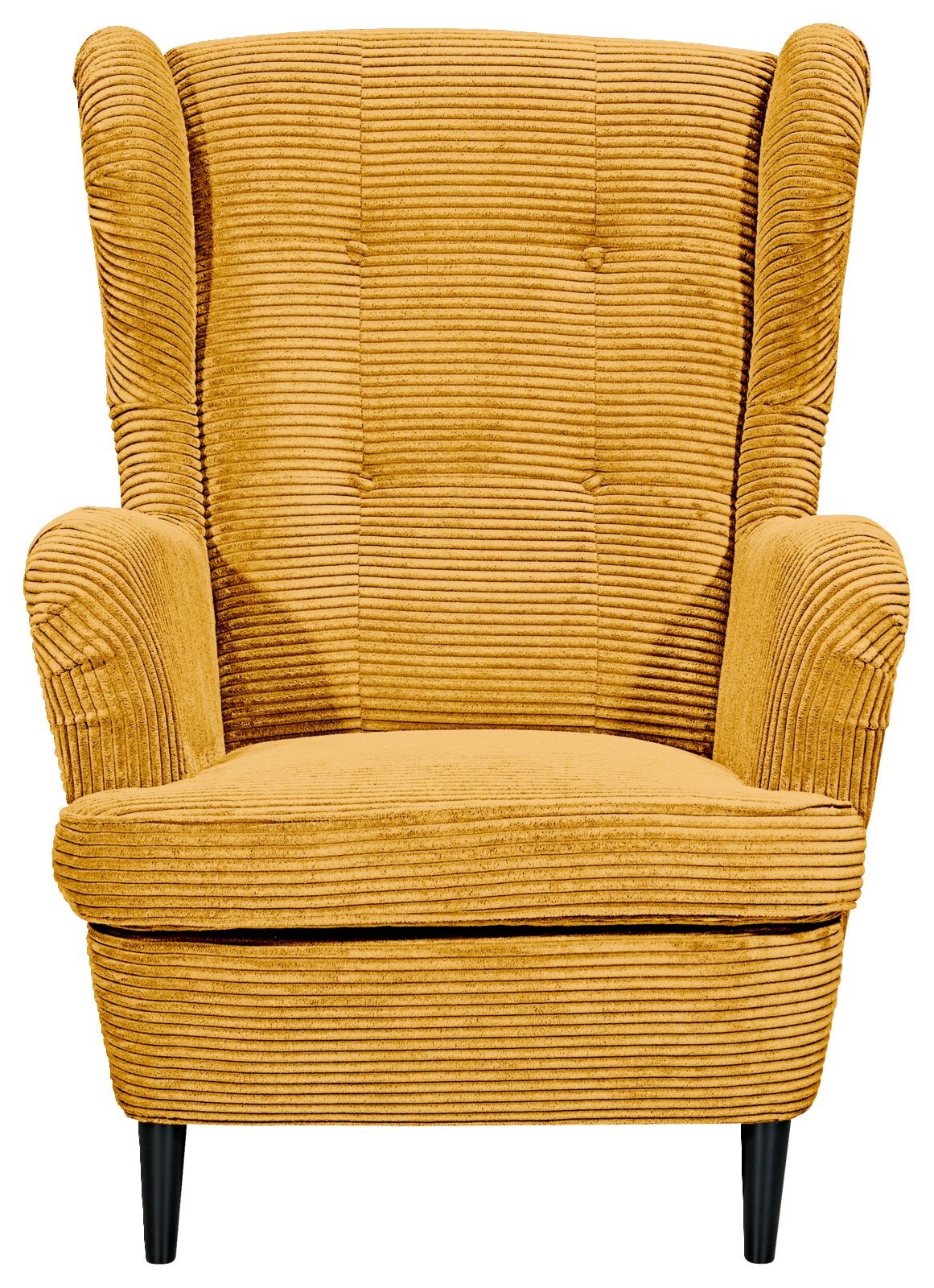 Gele fauteuil van corduroy met hoge rugleuning en armleuningen, vooraanzicht