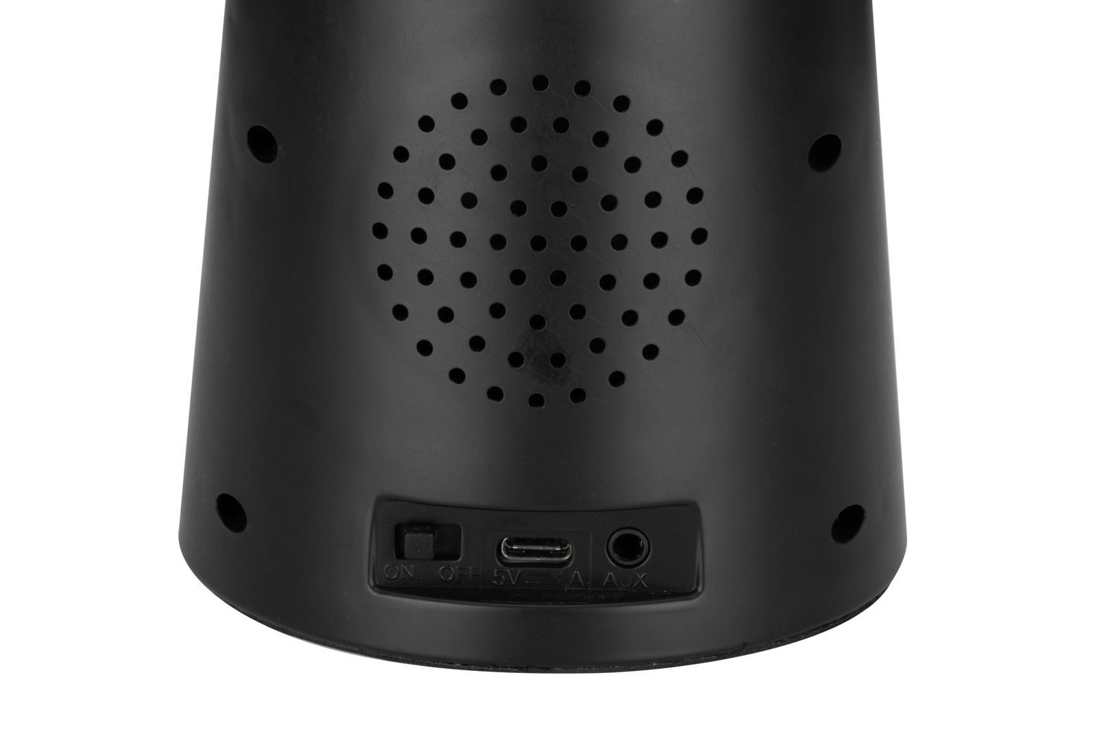 Rückansicht einer schwarzen LED-Dekoleuchte mit Lautsprechergitter und Anschlüssen für USB und AUX.