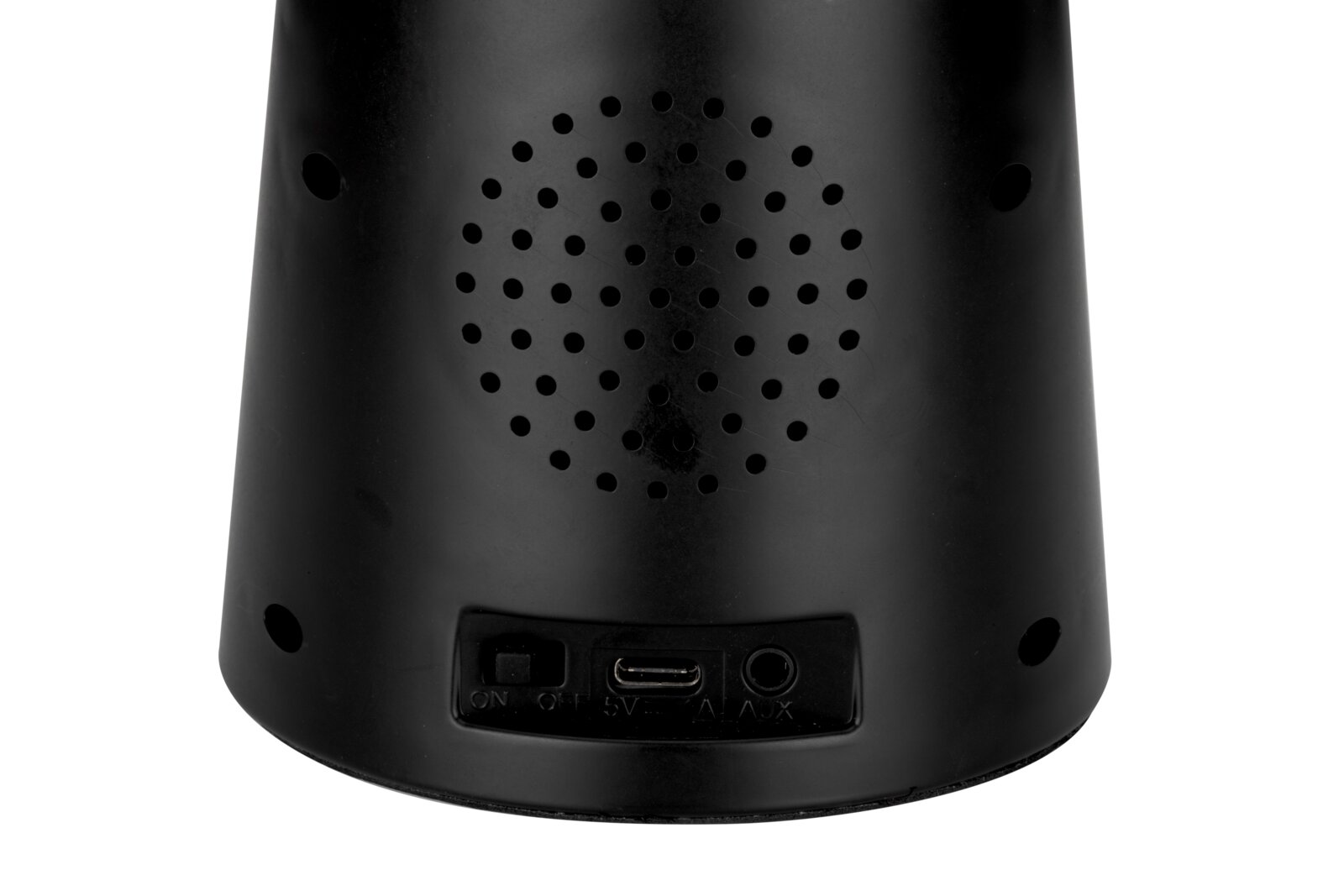 Rückansicht einer schwarzen LED-Dekoleuchte mit Lautsprechergitter und Anschlüssen für USB und AUX.