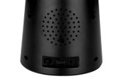 Rückansicht einer schwarzen LED-Dekoleuchte mit Lautsprechergitter und Anschlüssen für USB und AUX.