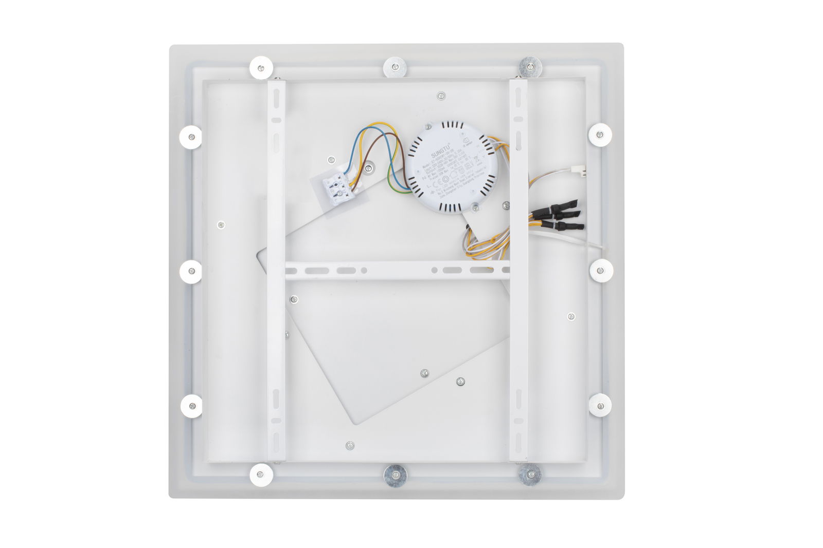 Rückansicht einer quadratischen LED-Deckenleuchte mit sichtbaren Kabeln und Befestigungselementen.