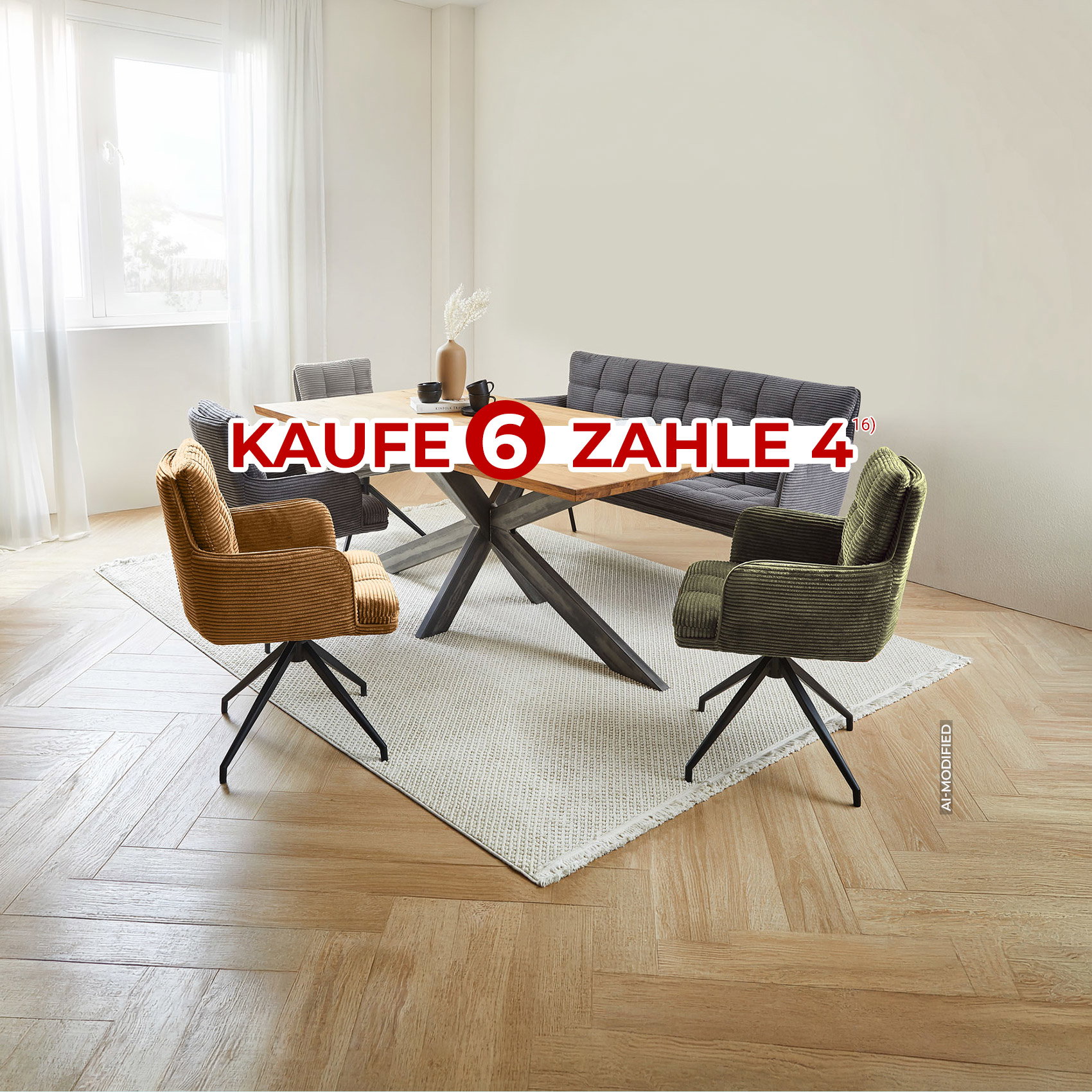 Essgruppe mit Holztisch und Polsterstühlen, Aktion „Kaufe 6, zahle 4“. KI-generiert.