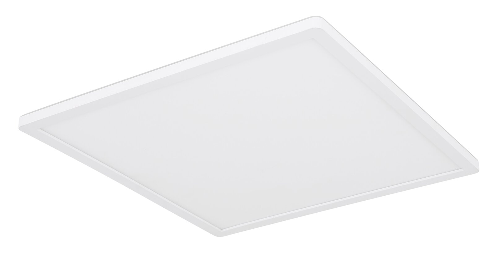 Flaches quadratisches LED-Panel in Weiß mit opaler Abdeckung, in schräger Perspektive von unten/seitlich freigestellt auf weißem Hintergrund