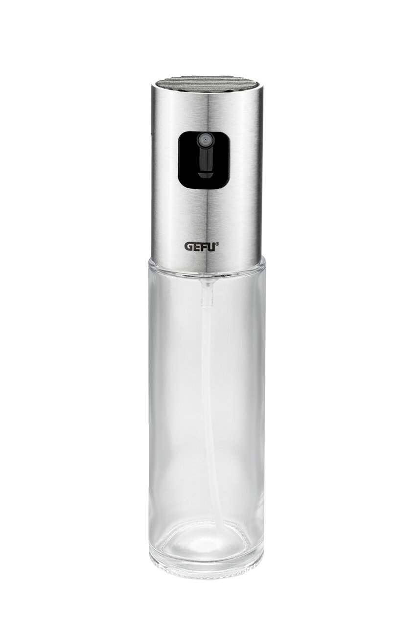 Essig-Öl-Sprüher NEVA aus Glas und Edelstahl, frontal abgebildet