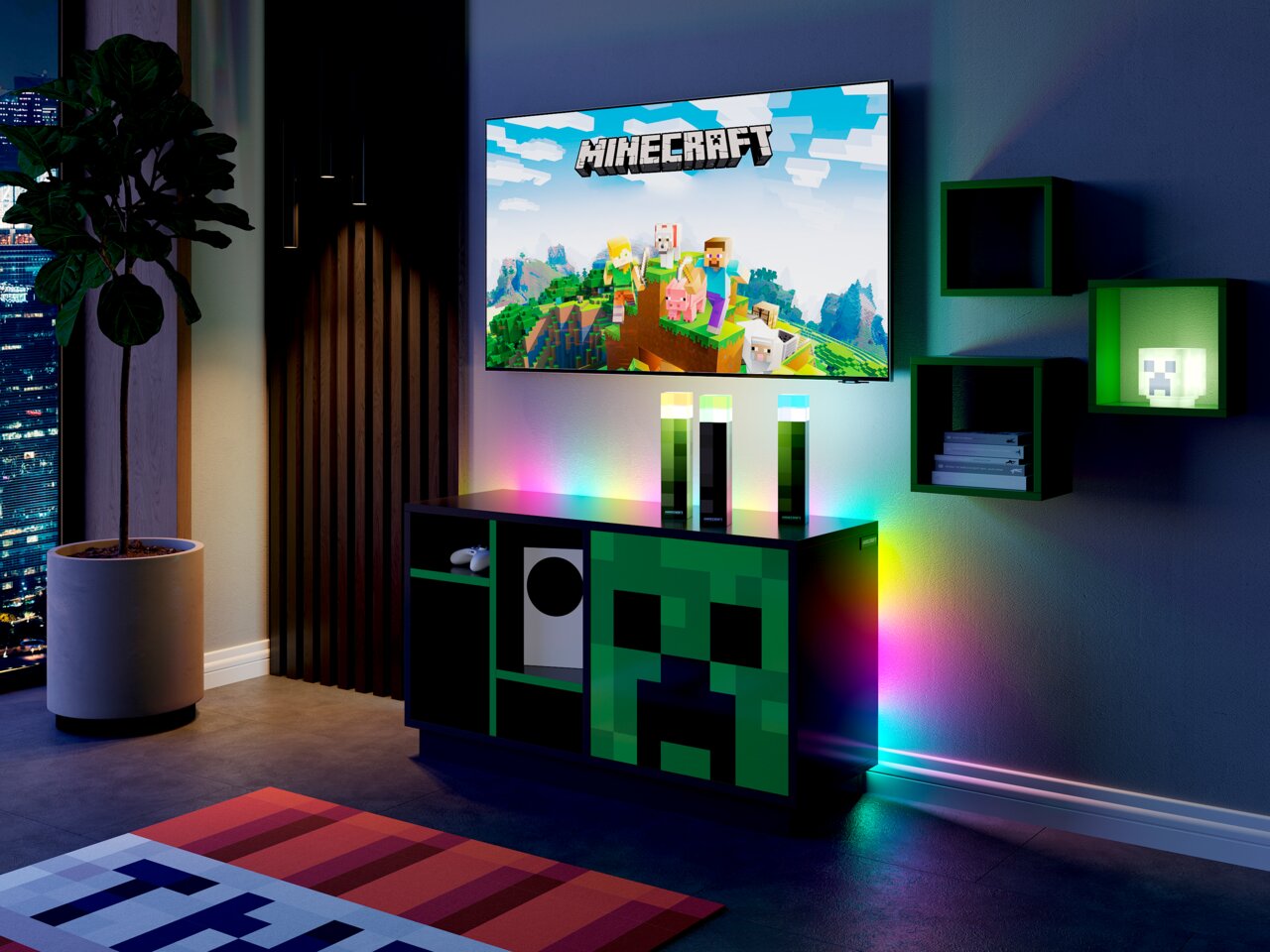 Minecraft-gamingopstelling met aan de muur bevestigde tv, tv-meubel in Creeper-stijl en RGB-ledverlichting in een moderne woonkamer; perspectief: vooraanzicht met een lichte zijaanzicht van links