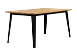 Moderner Esstisch mit Holzplatte und schwarzen Metallbeinen, seitliche Perspektive