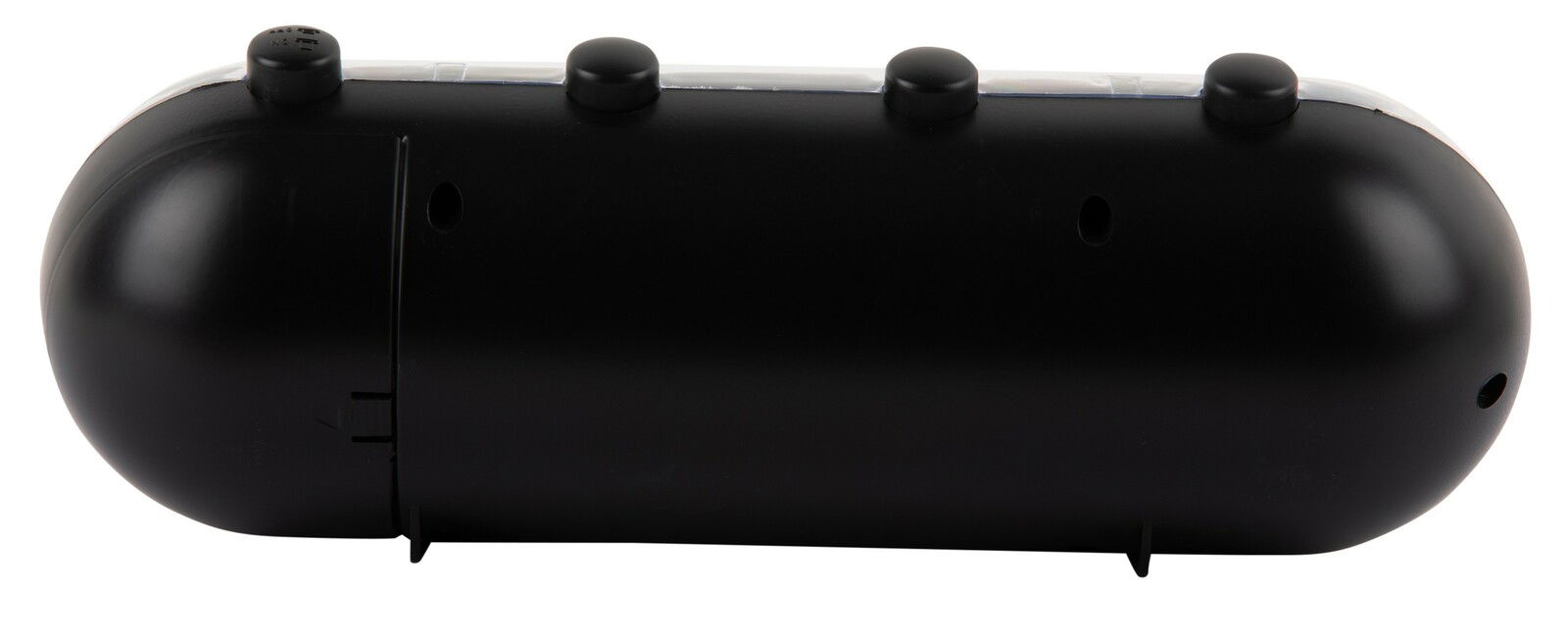 Rückansicht einer schwarzen Tischuhr mit Kalender-Flip-Funktion, seitliche Perspektive.