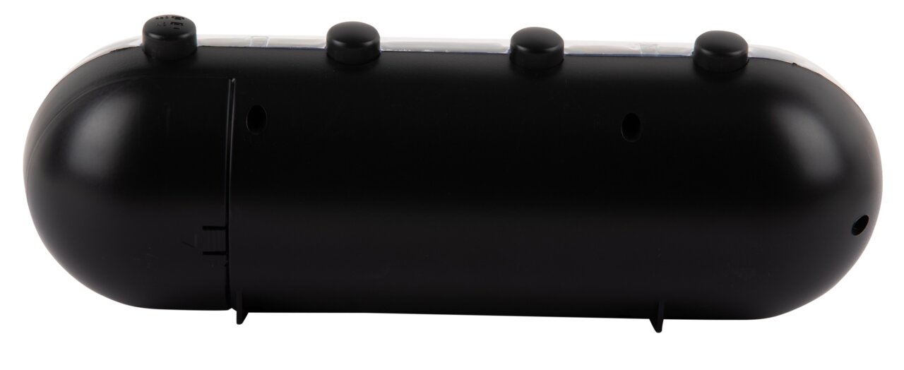 Rückansicht einer schwarzen Tischuhr mit Kalender-Flip-Funktion, seitliche Perspektive.