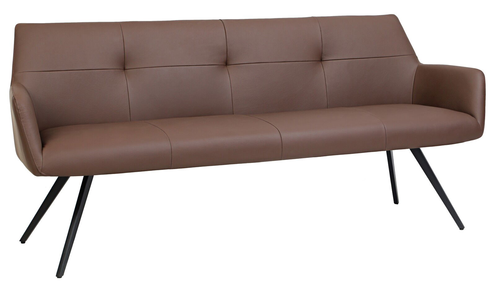Braune Bank mit gepolsterter Sitzfläche und Rückenlehne, schräg von vorne fotografiert, mit schwarzen Metallbeinen.
