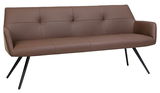 Braune Bank mit gepolsterter Sitzfläche und Rückenlehne, schräg von vorne fotografiert, mit schwarzen Metallbeinen.