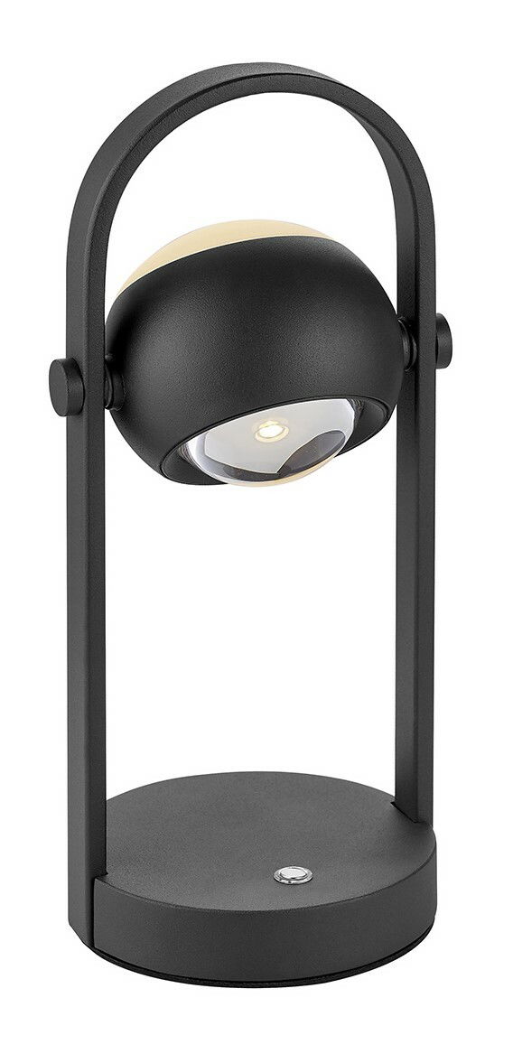 Moderne schwarze Akku-Tischleuchte mit rundem Sockel und gebogenem Griff, seitliche Perspektive