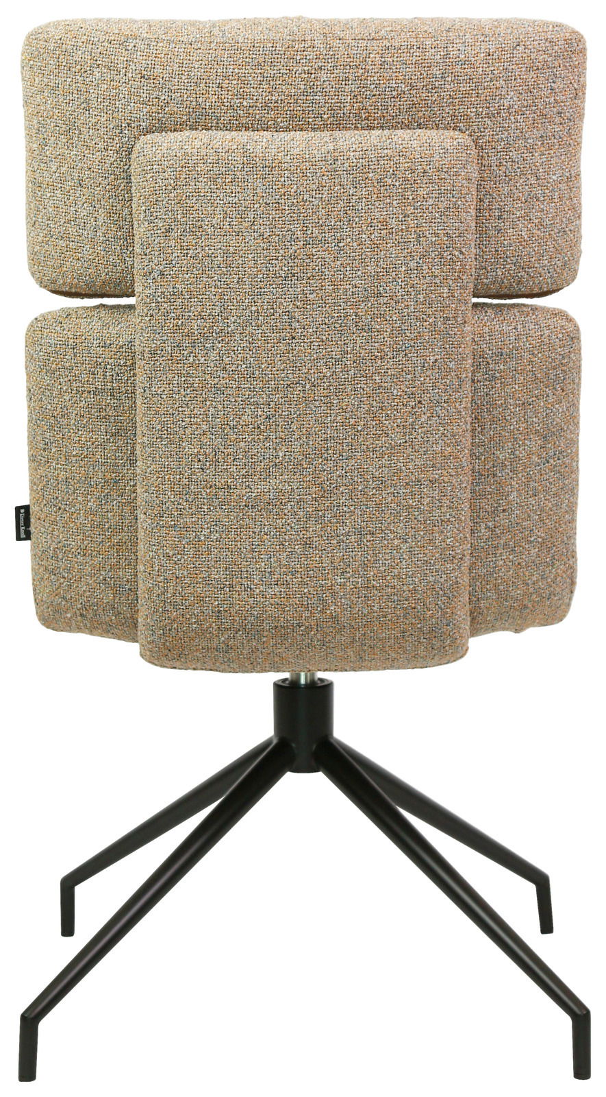 Rückansicht eines modernen Stuhls mit gepolstertem Rücken und schwarzem Metallgestell.