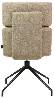 Rückansicht eines modernen Stuhls mit gepolstertem Rücken und schwarzem Metallgestell.