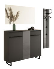 Garderoben-Set in modernem Design, bestehend aus einem Spiegel, einem Schrank mit zwei Schubladen und einer Garderobenleiste mit Haken, seitliche Perspektive.