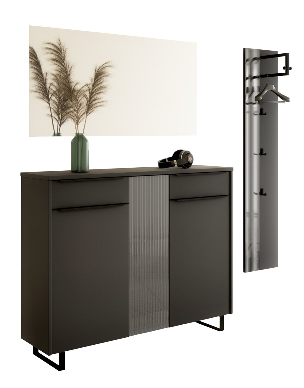 Garderoben-Set in modernem Design, bestehend aus einem Spiegel, einem Schrank mit zwei Schubladen und einer Garderobenleiste mit Haken, seitliche Perspektive.